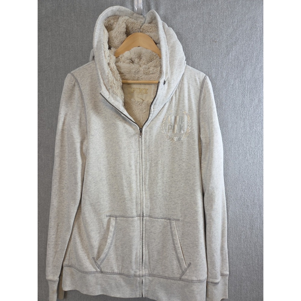 Victorias Secret PINK Hoodie S Faux Fur Lined Oatmeal Vintage Y2K Retro Zip Up
